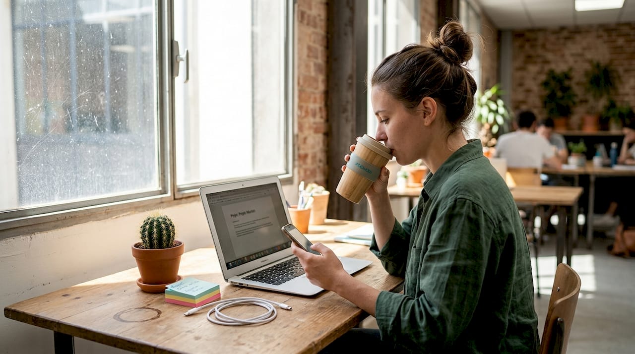Bureau de coworking installé près d’une grande fenêtre baignée de soleil