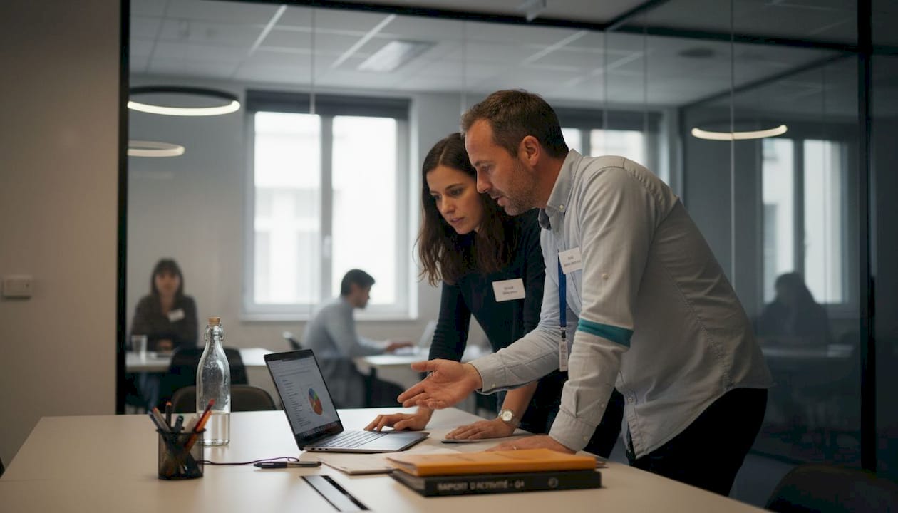 Des collègues échangent et travaillent ensemble autour d’une grande table de coworking à Lyon.