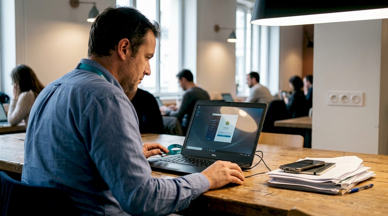 Un homme s’assure que sa connexion VPN fonctionne correctement dans un espace de coworking.