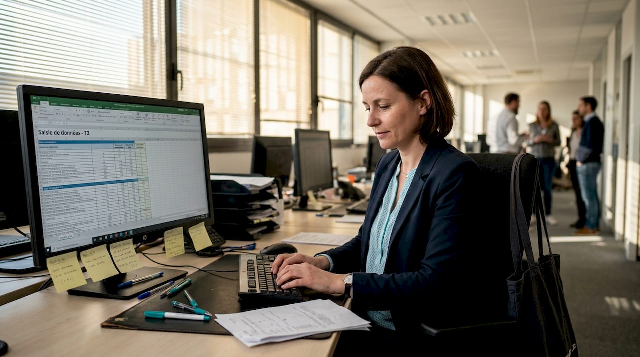 Une femme absorbée par son travail, installée à son poste dans un open space.