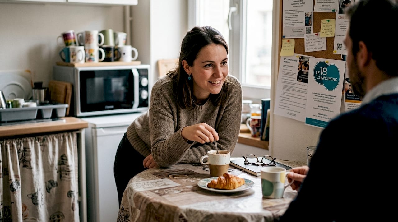 Petite discussion informelle entre collègues autour de la machine à café