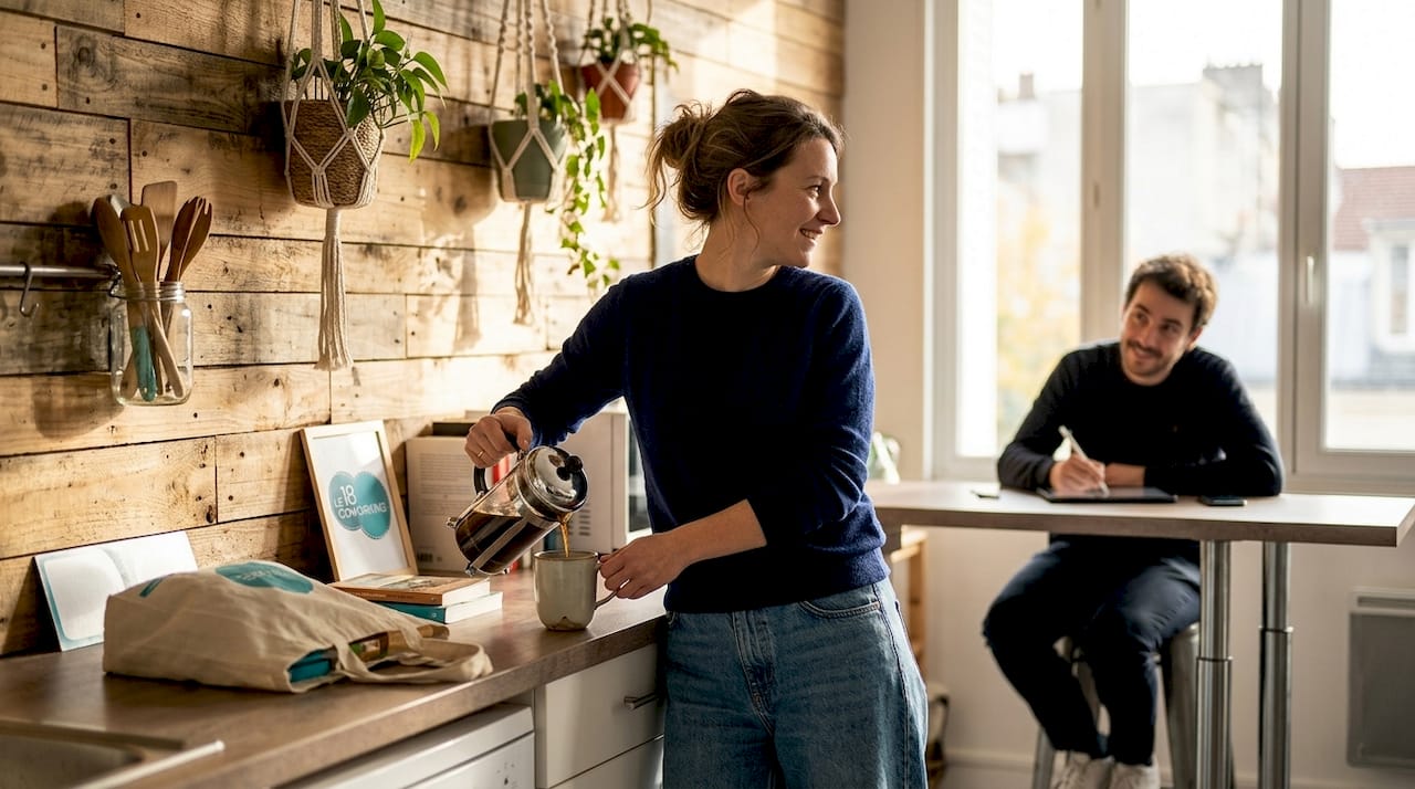 Des membres échangent autour d’un café dans le coin cuisine convivial de l’espace de coworking écoresponsable.