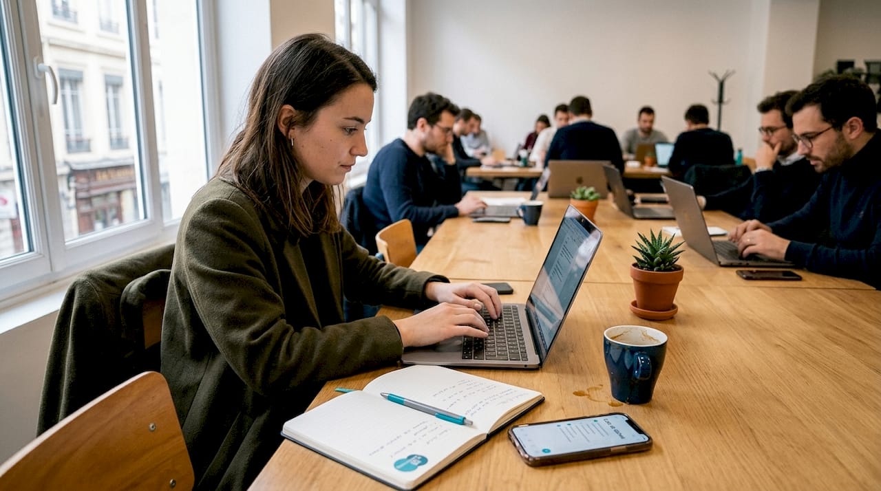 Une femme concentrée devant son ordinateur dans un espace de coworking dynamique.