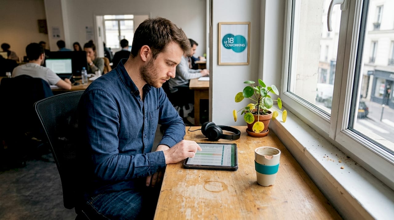 Un homme travaille près de la fenêtre dans un espace de coworking.