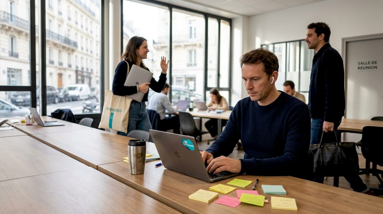 Les rencontres quotidiennes autour d’une grande table partagée, c’est tout l’esprit convivial du coworking.