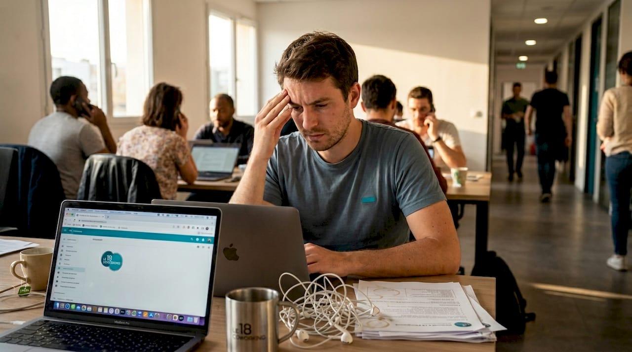 Un homme essaie de garder son calme et de gérer son stress alors qu’il travaille dans un espace de coworking bruyant.