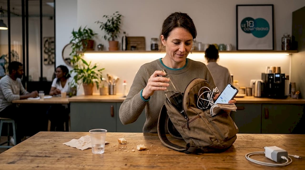Une femme se prépare à passer sa journée dans un espace de coworking