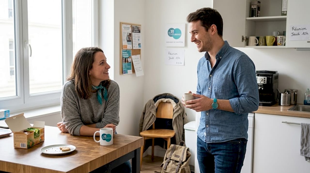Des collègues discutent autour d’un café dans l’espace cuisine, un lieu convivial qui mêle bureau et détente.