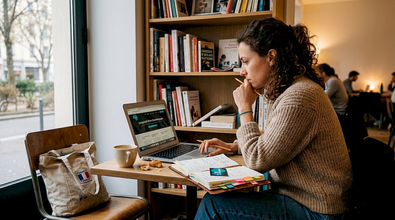 Une femme compare différentes offres de coworking sur son ordinateur portable, à la recherche de l’espace idéal pour travailler.