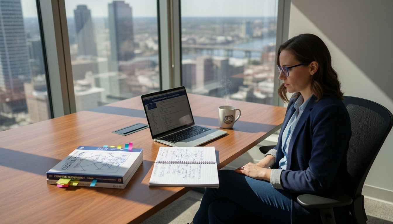 Woman studying for IT exam in office