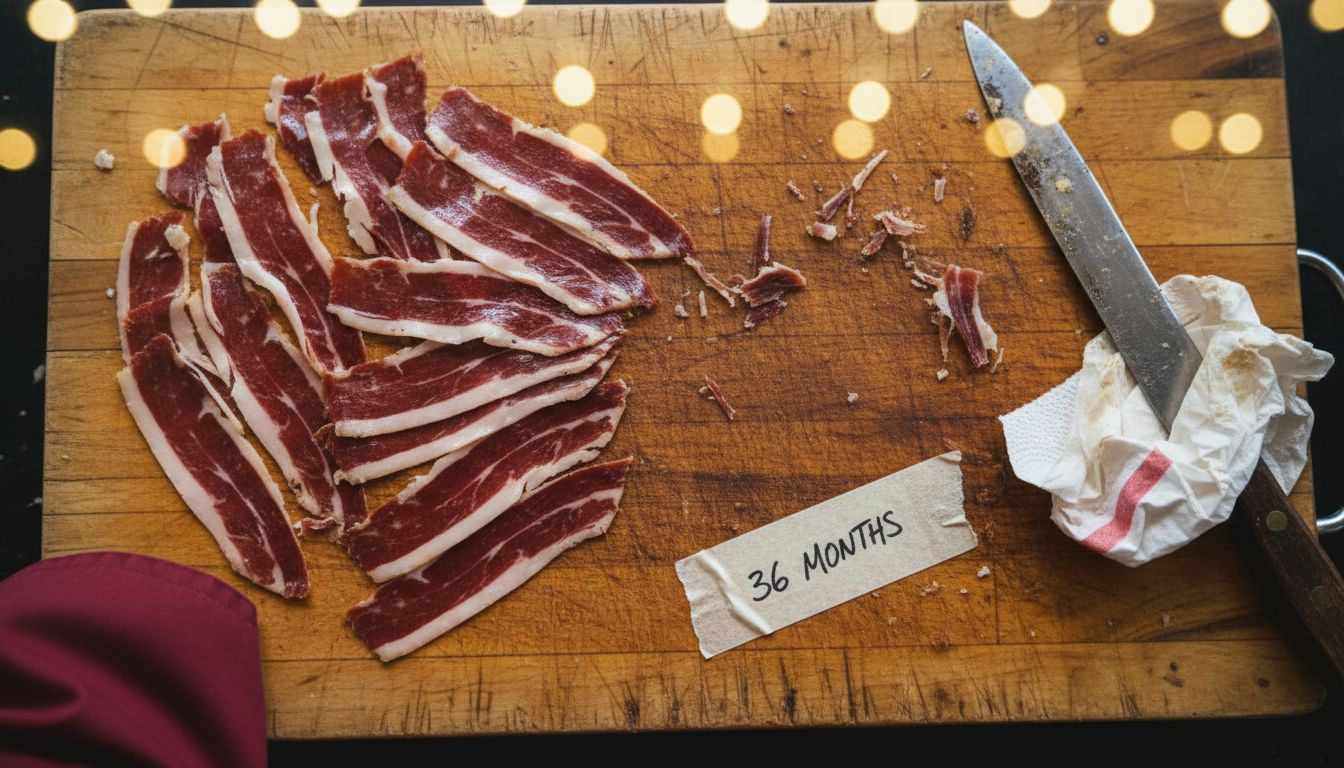 Close-up of sliced Iberico ham showing marbling