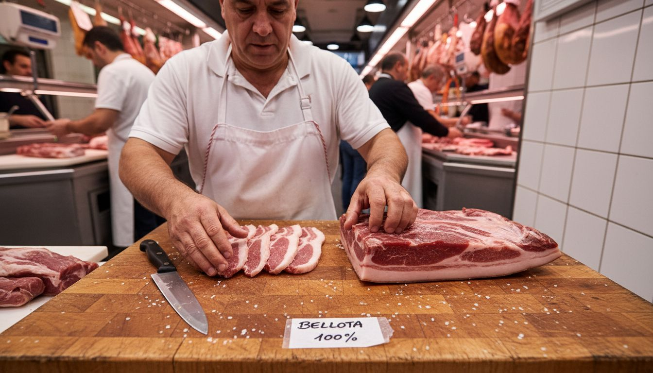 Iberico pork slices showing rich marbling