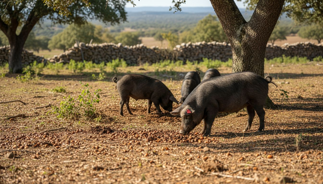 Why Connoisseurs Prefer Ibérico: Artisanal Craft Meets Excellence 3 Iberian pigs grazing under oak trees