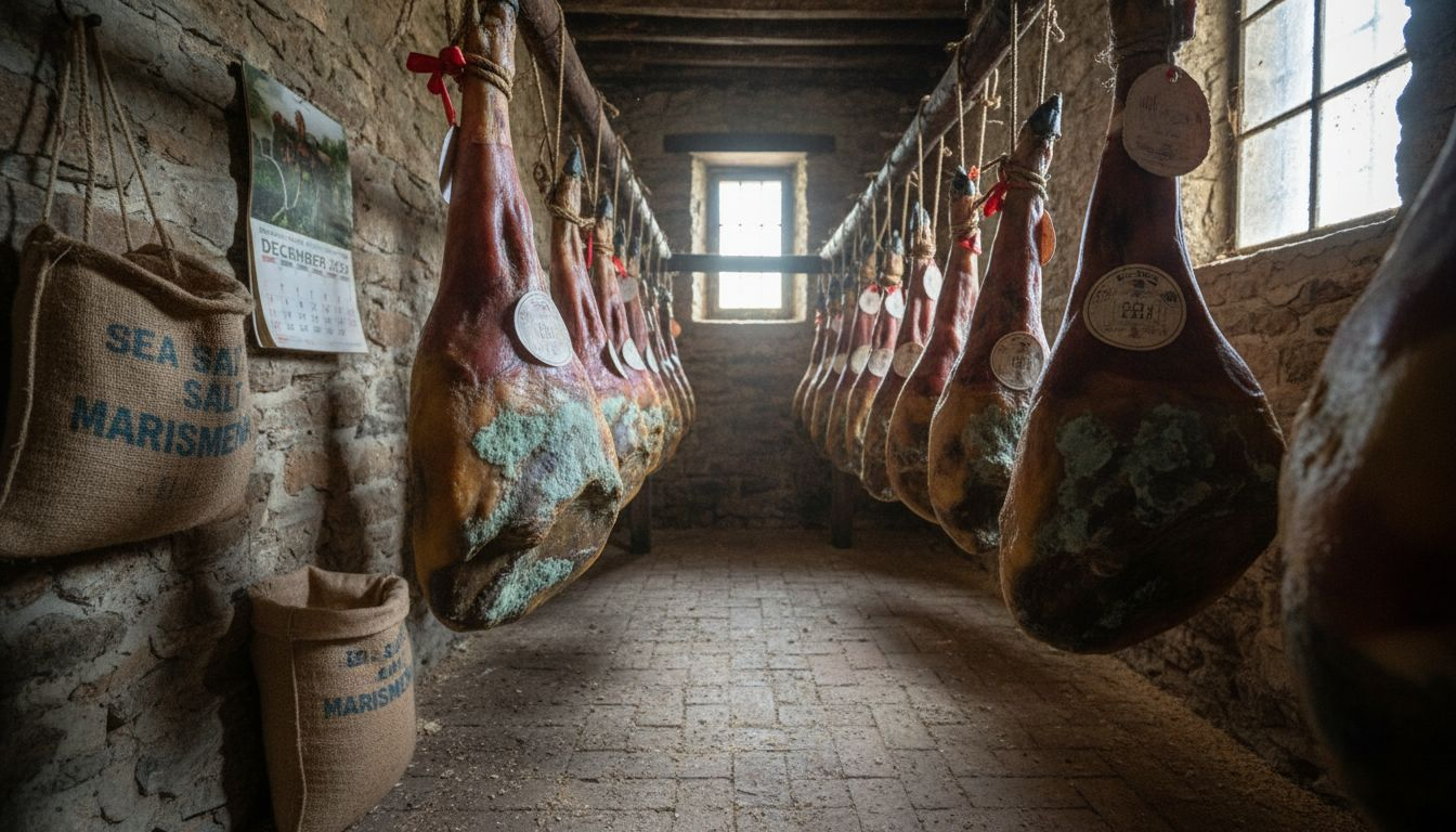 What Is Jamón Serrano and Why It Matters 4 Aging jamón serrano hams hanging in cellar