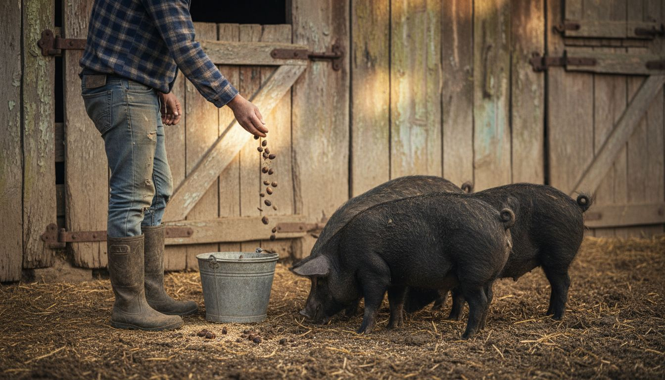 Farm worker feeding acorns to Iberian pigs