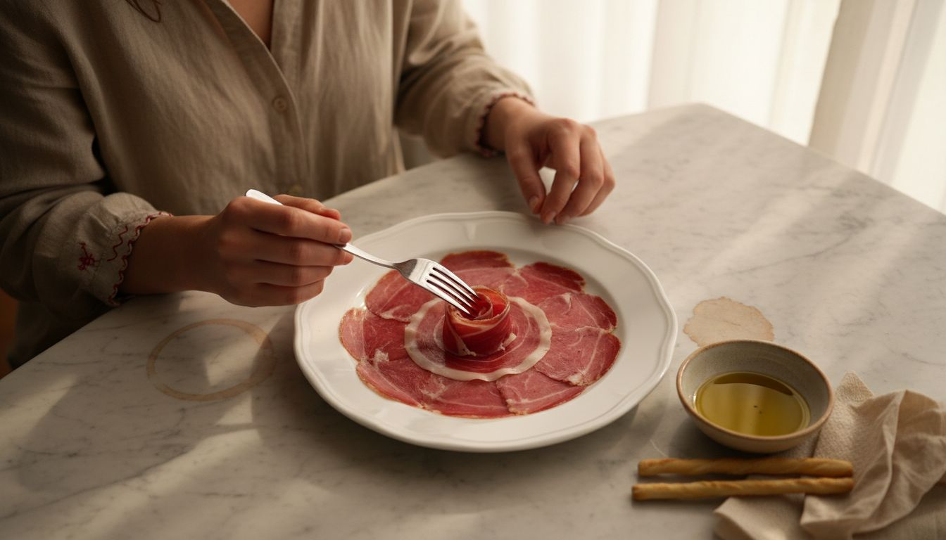 Arranging ham slices on white plate overhead
