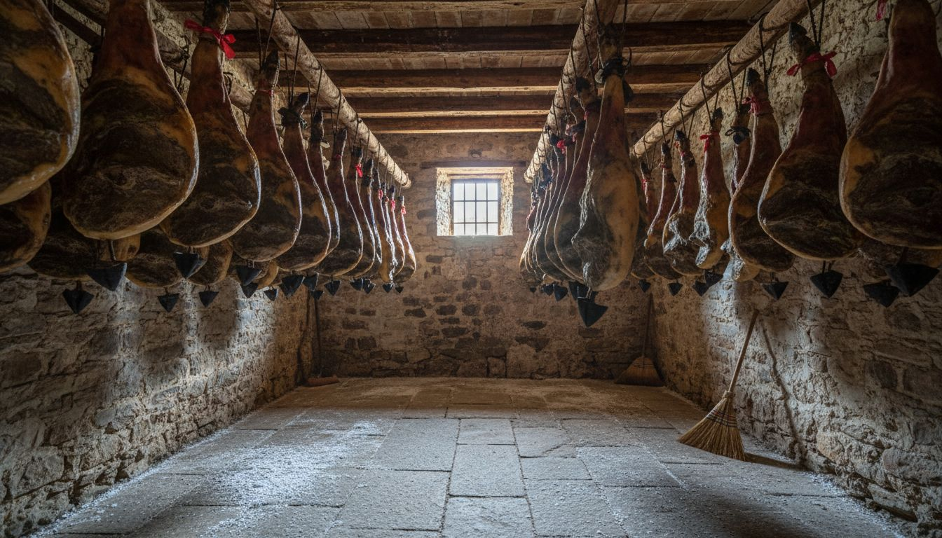 Traditional cellar with hanging cured Spanish hams