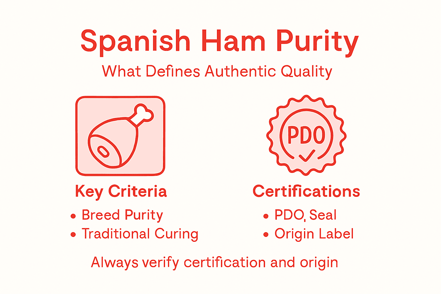 Infographic showing authentic Spanish ham certification criteria