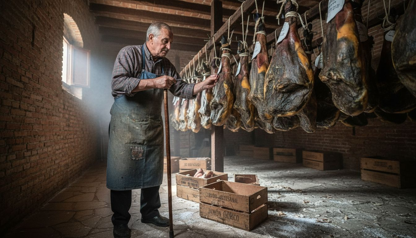 Artisan inspecting Ibérico ham curing process