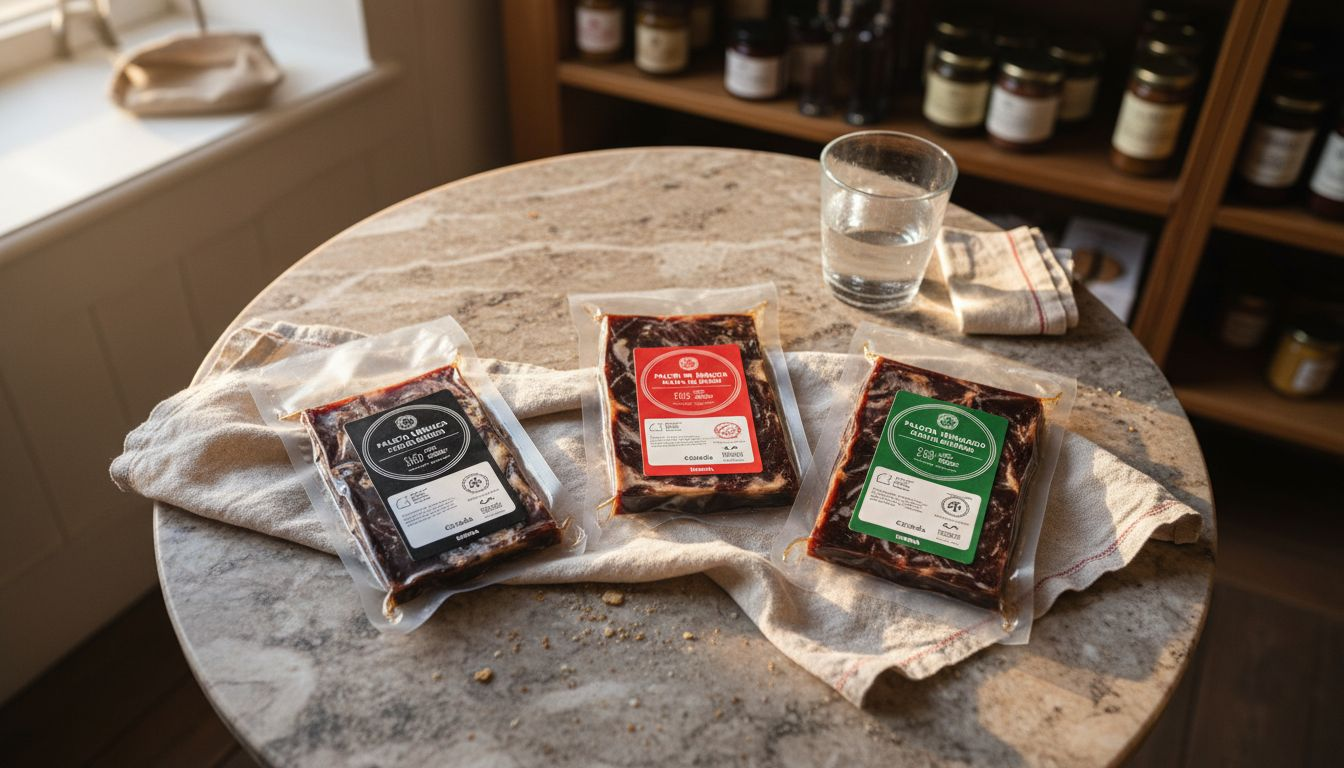 Various Paleta Ibérica packages with classification labels