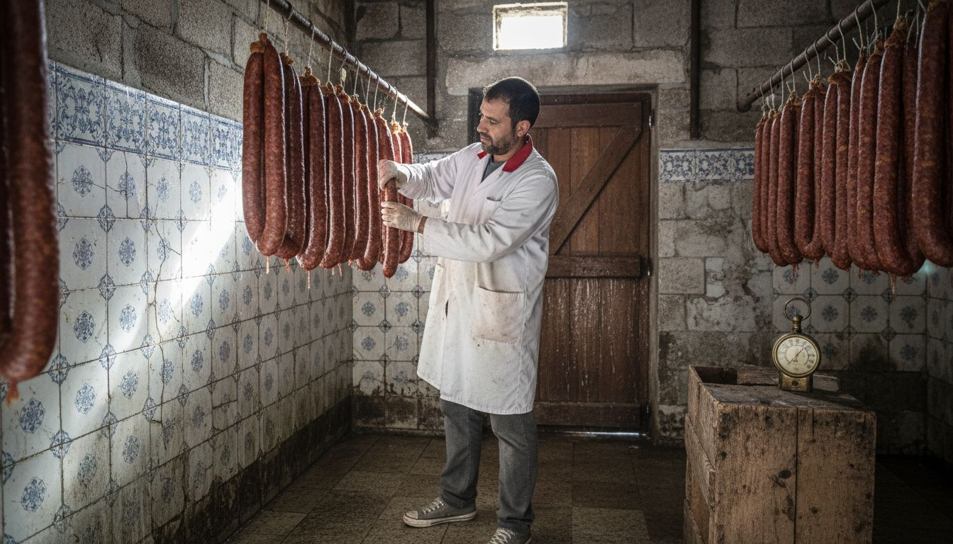 Worker checking cured Salchichón Ibérico sausages