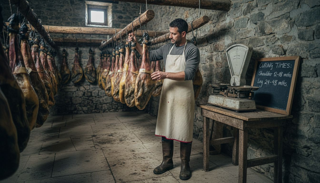 Worker inspecting Iberico hams in curing cellar