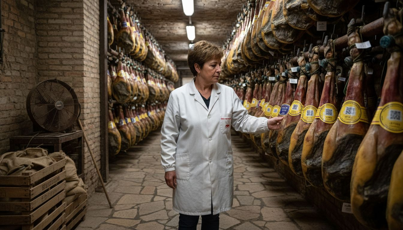 Ham producer inspecting jamón in curing cellar