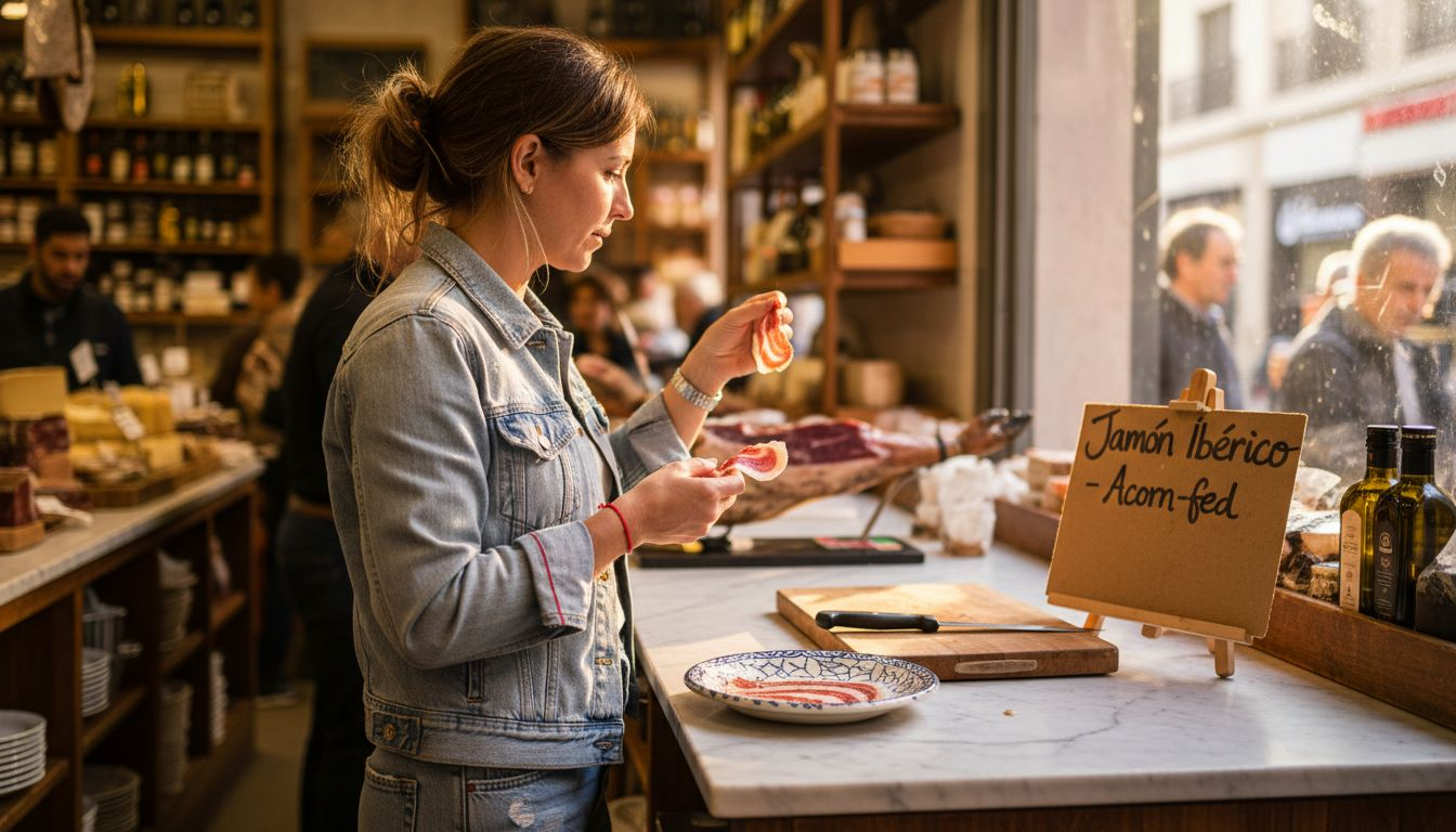 Customer inspecting Iberico ham slice