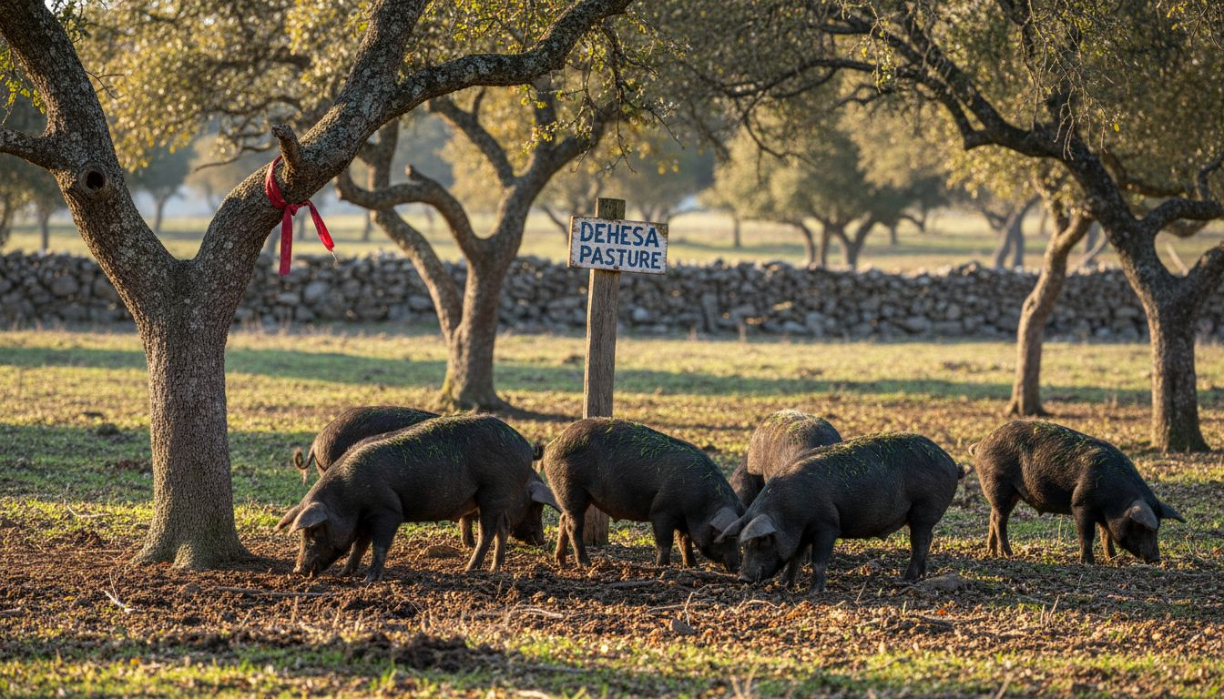 Iberian pigs grazing in Spanish dehesa