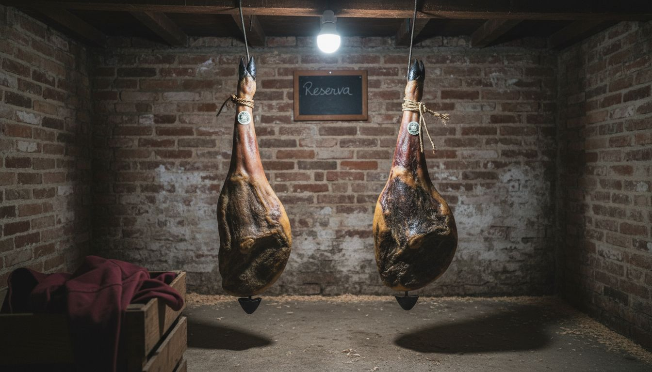 Serrano and Iberico ham legs hanging in cellar