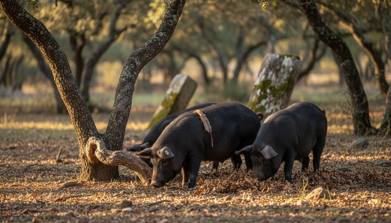 Black Iberian pigs foraging in dehesa woodland