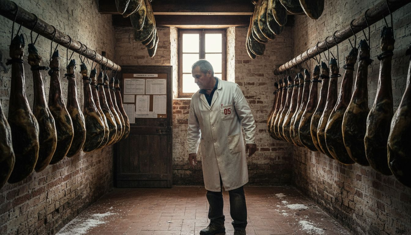 Ham producer inspecting curing room racks