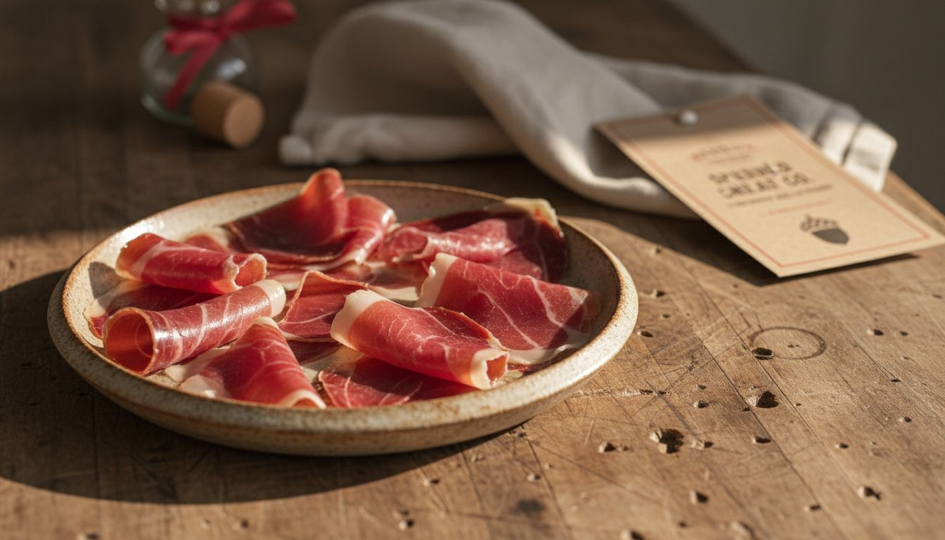 Plate of sliced authentic Iberico jamon