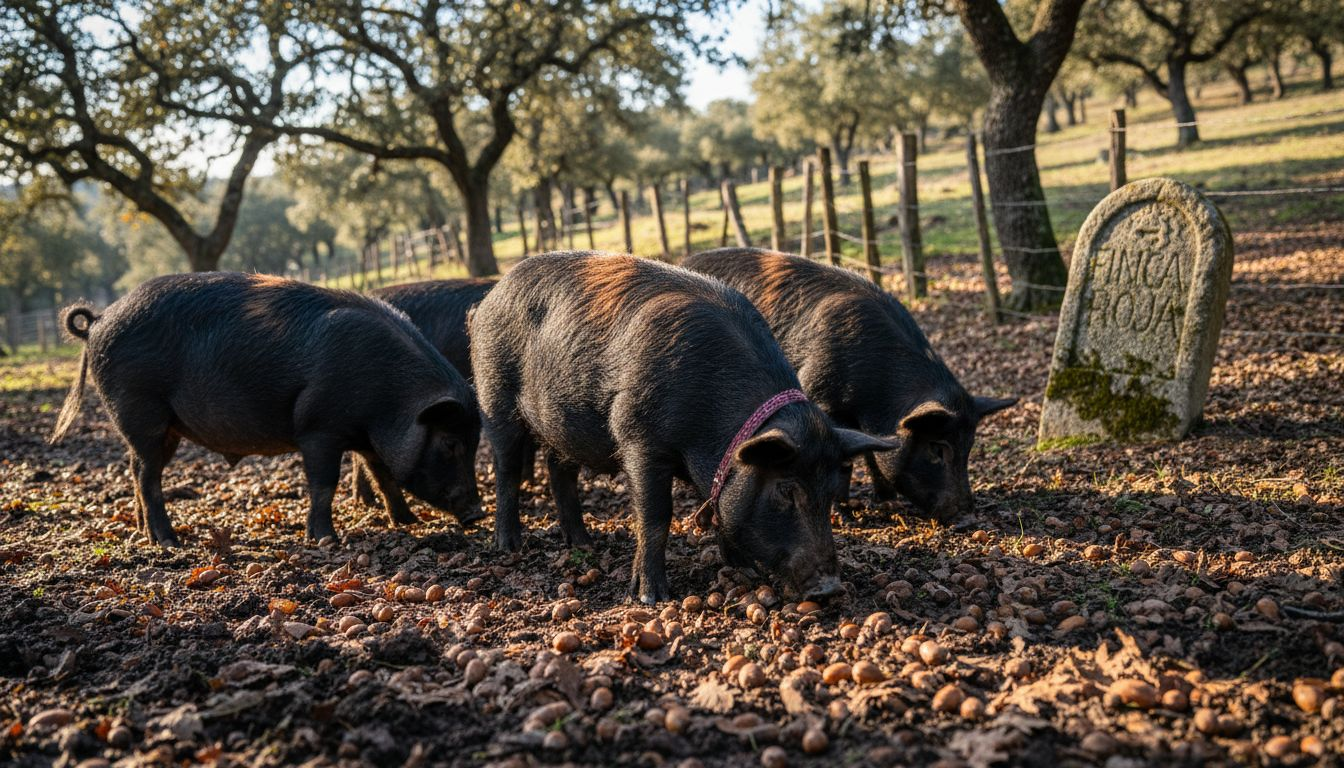 Iberian pigs grazing under oak trees