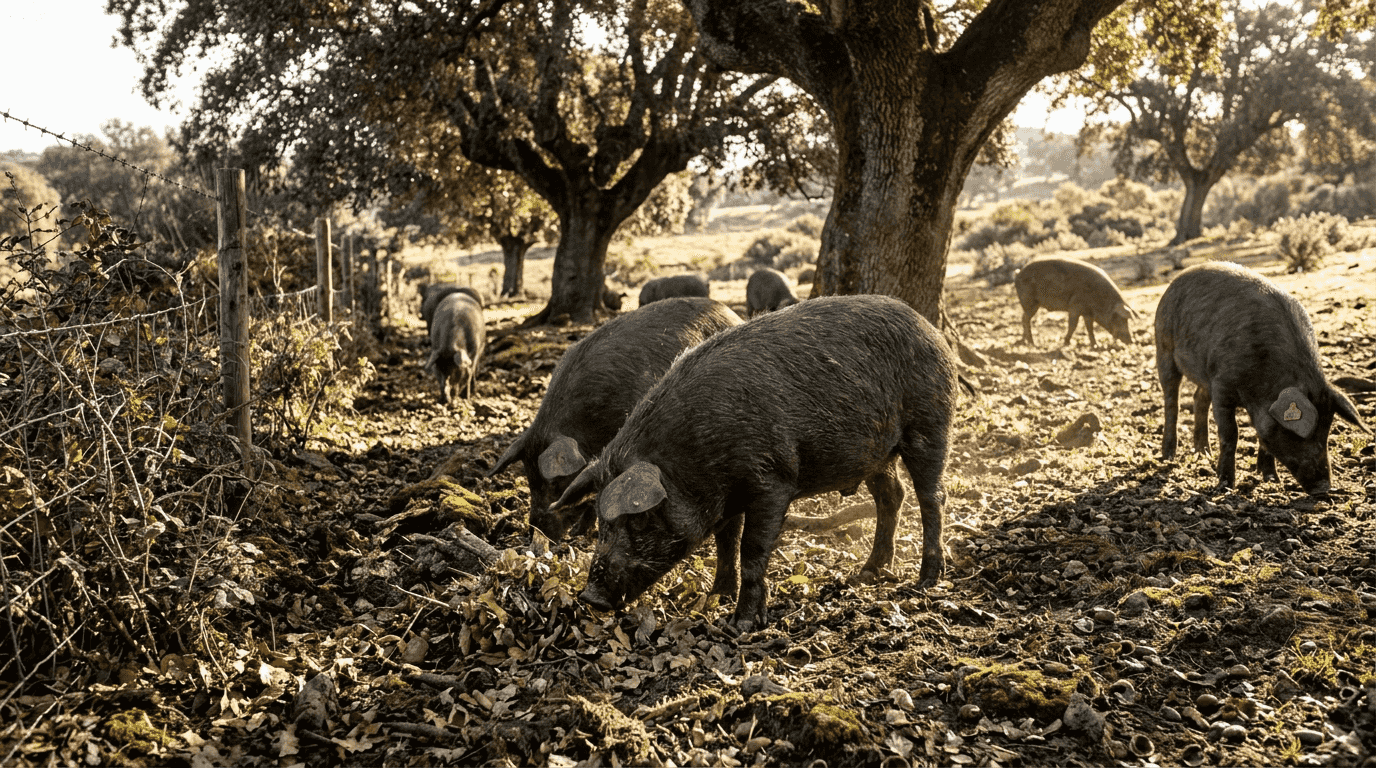 Iberian pigs foraging in dehesa woodland