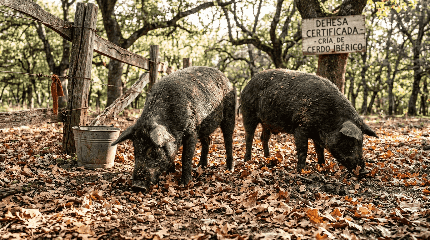 10 expert tips for selecting authentic Iberico ham in 2026 3 Iberian pigs foraging in oak forest