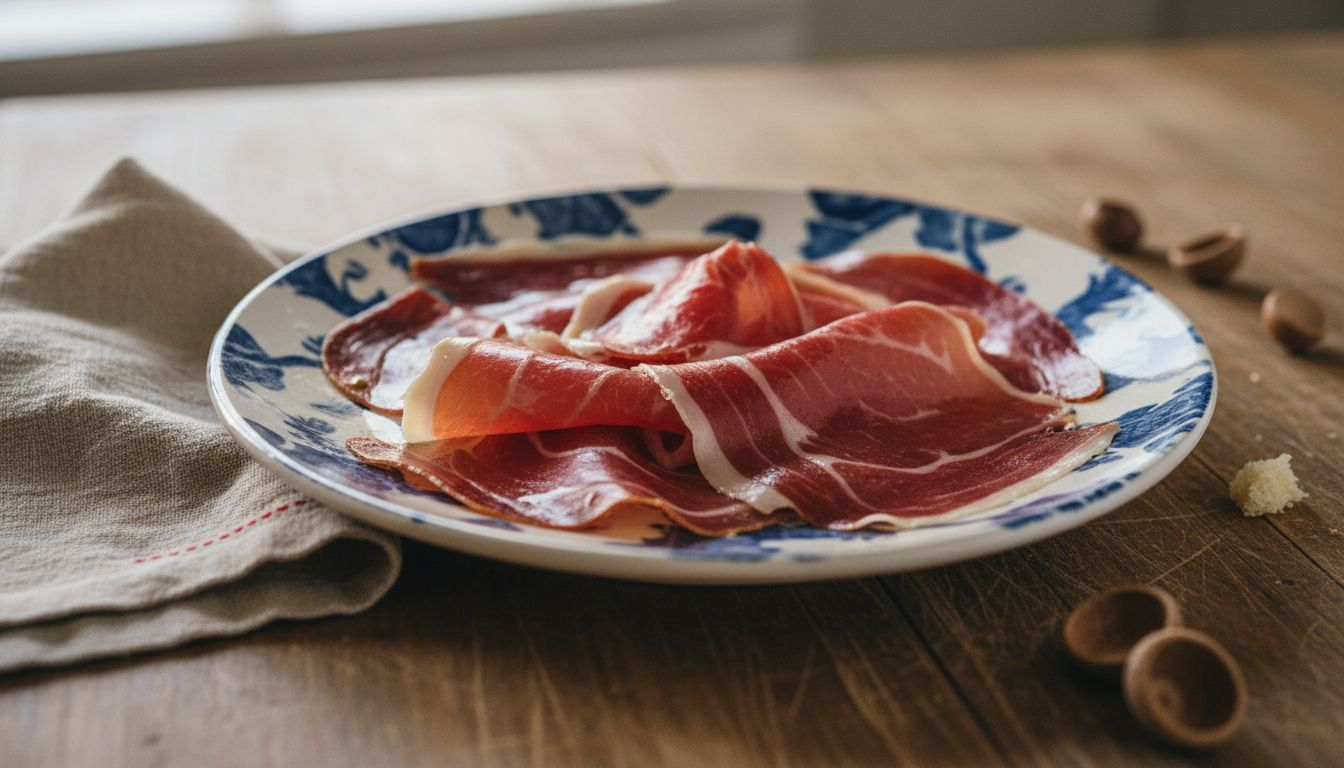 How to recognise authentic Iberico ham with confidence 3 Sliced authentic Iberico ham deep marbling