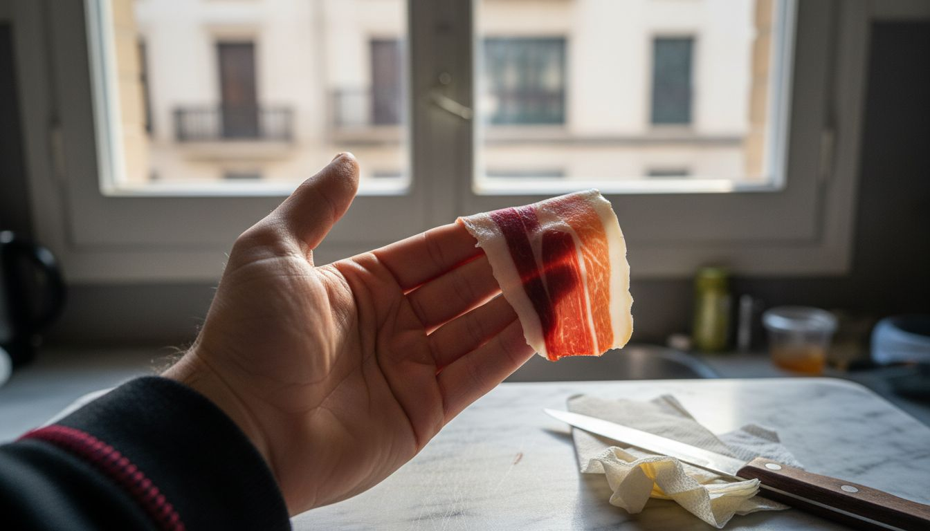 Hand holding Iberico ham slice to light