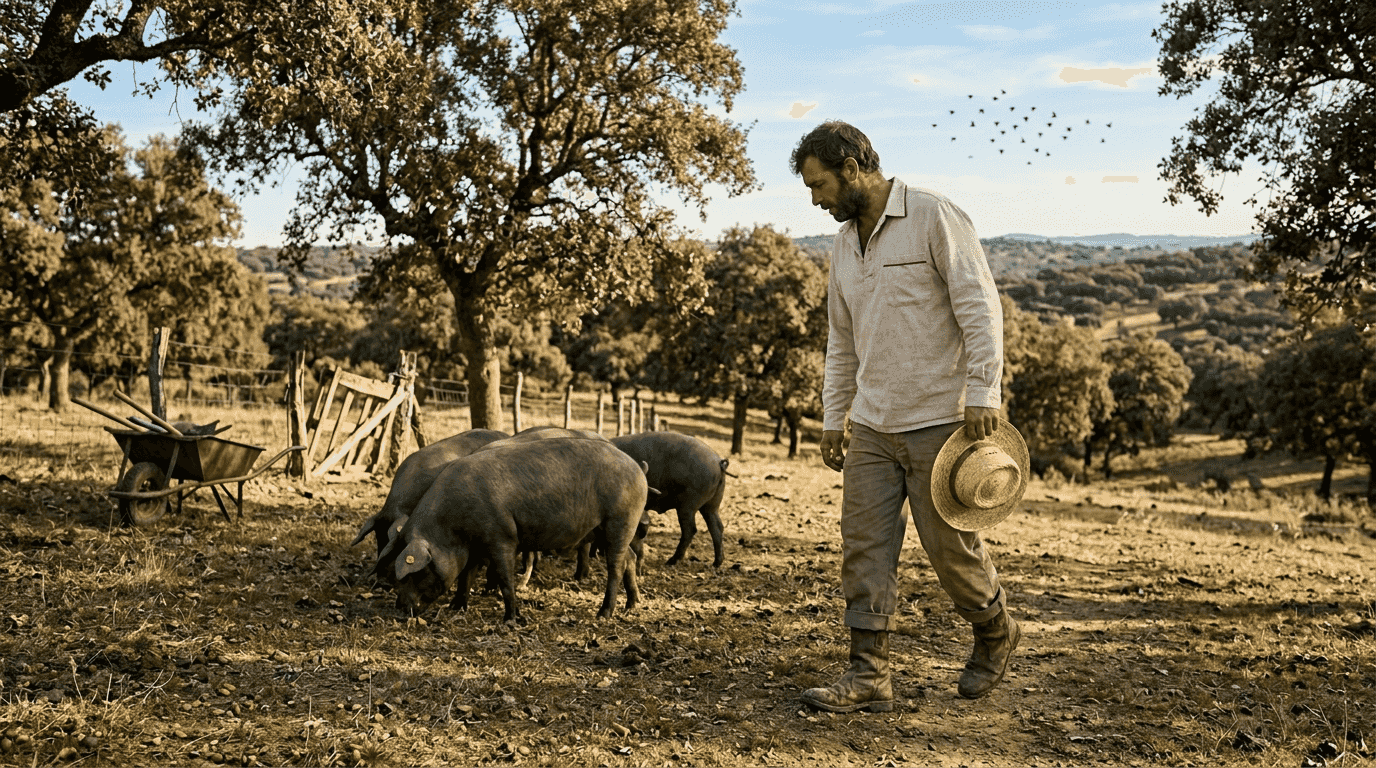 Herder walking with Iberico pigs on pasture