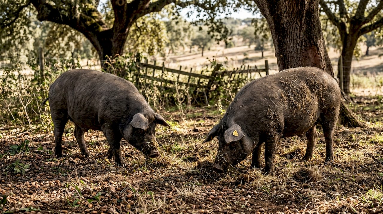 Iberian pigs foraging for acorns in dehesa