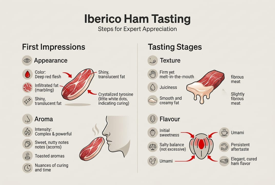 Infographic on Iberico ham tasting steps and stages