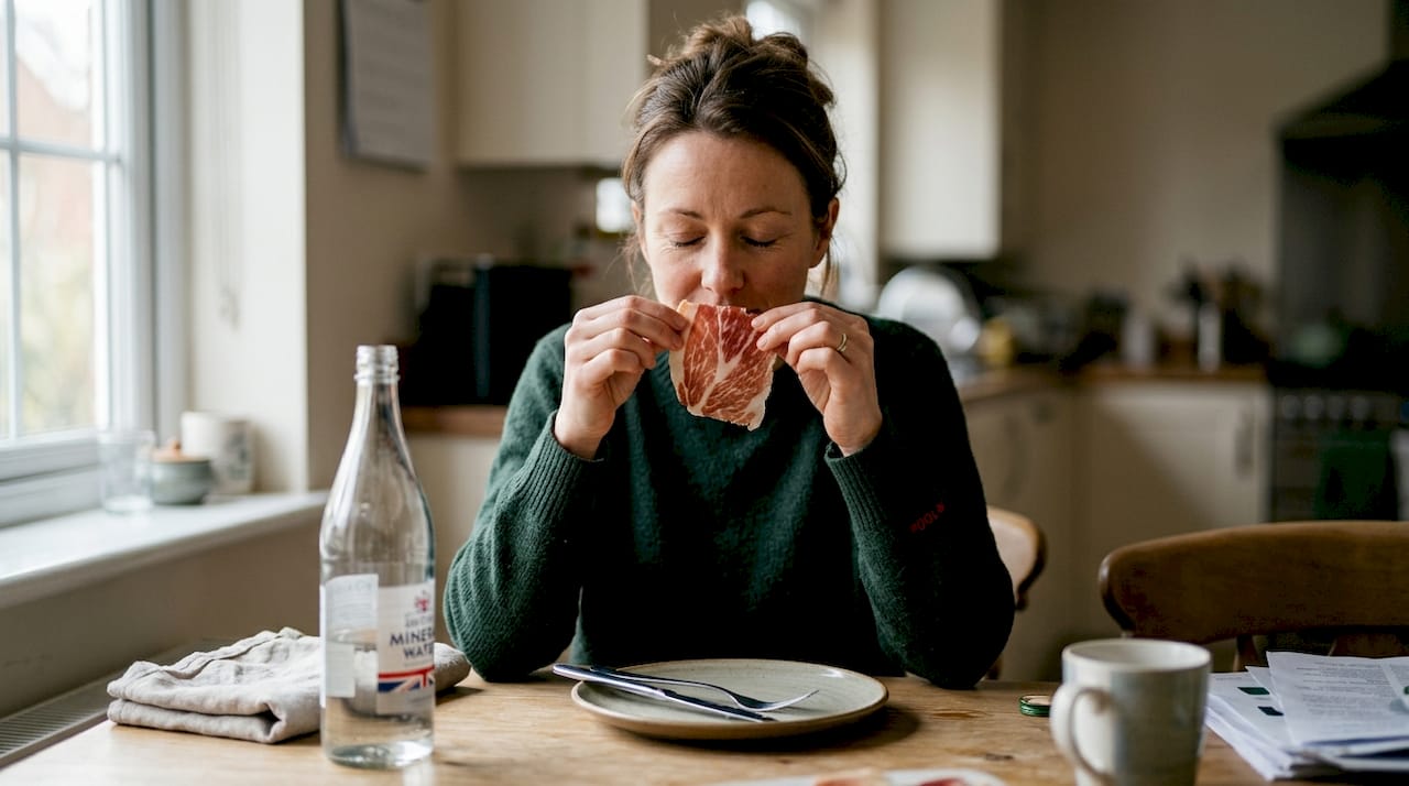 Woman savoring aroma of Iberico ham