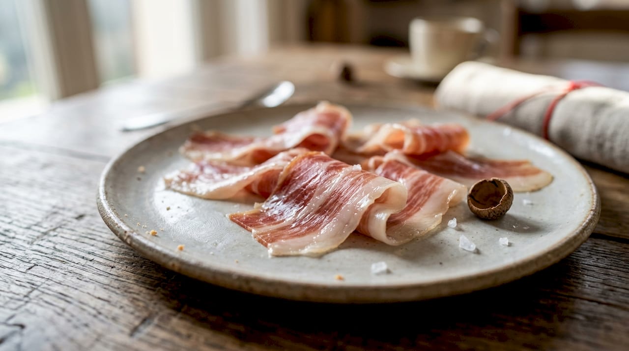 The role of fat in Iberico ham: flavour science explained 3 Close-up of Iberico ham marbled fat