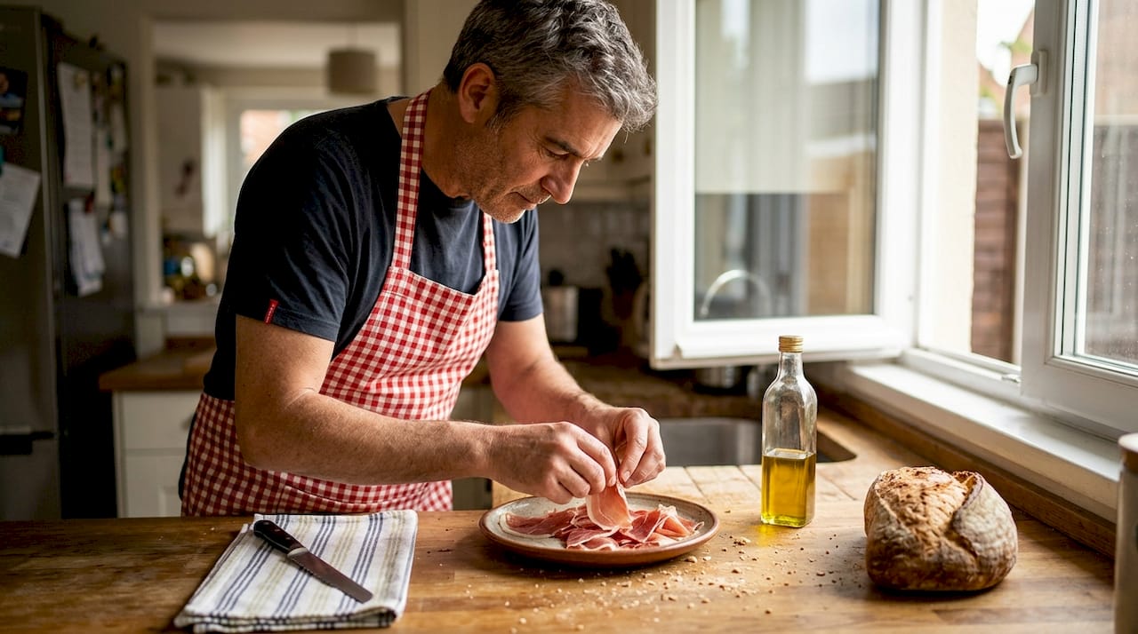 Man arranging Serrano ham on kitchen counter
