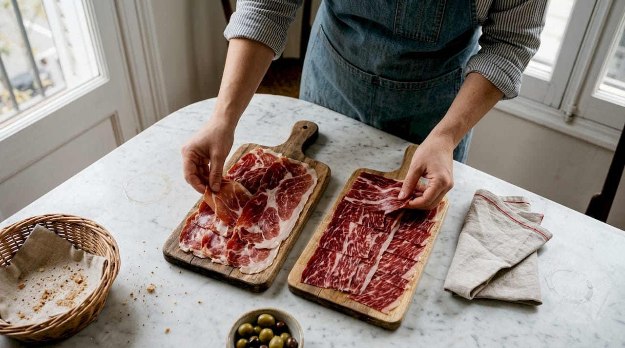 Paleta ham and jamón compared on boards