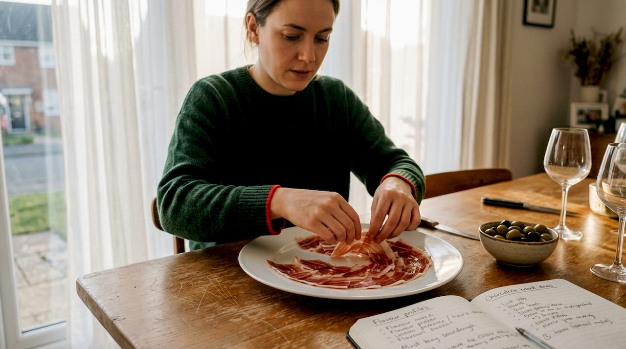 Woman arranges Pata Negra slices spirally
