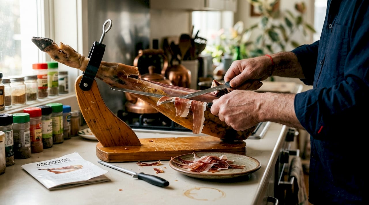 Hands slicing Pata Negra ham with knife and stand
