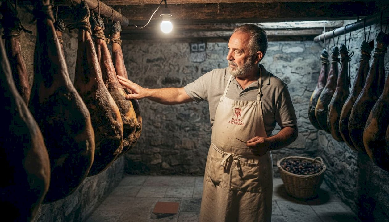 Artisan inspecting hams in Jabugo curing cellar