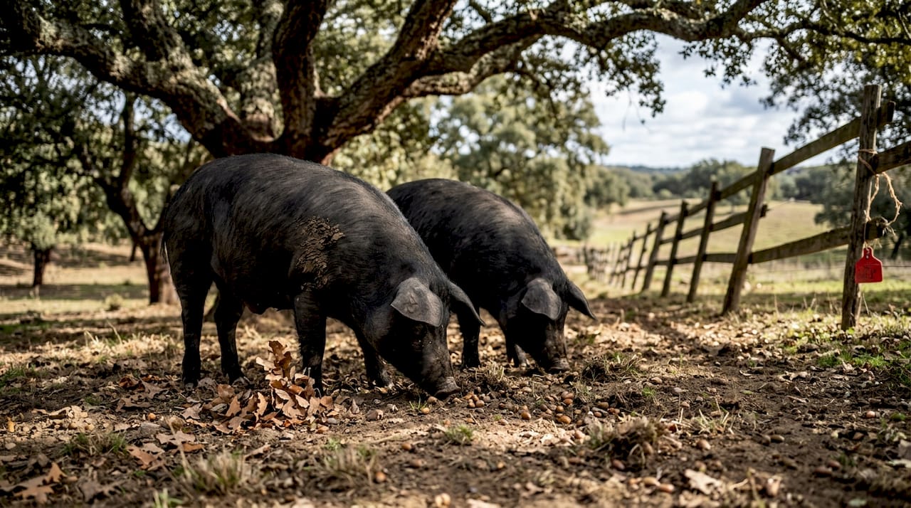 Iberian pigs foraging in oak woodland