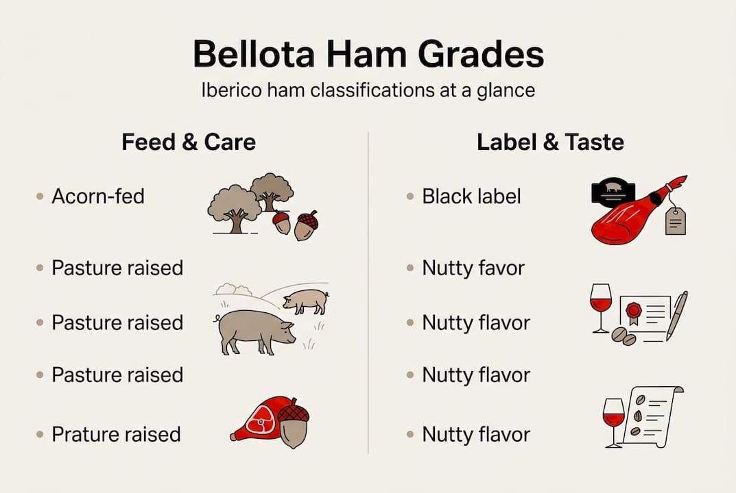 Infographic summarizing bellota ham classifications